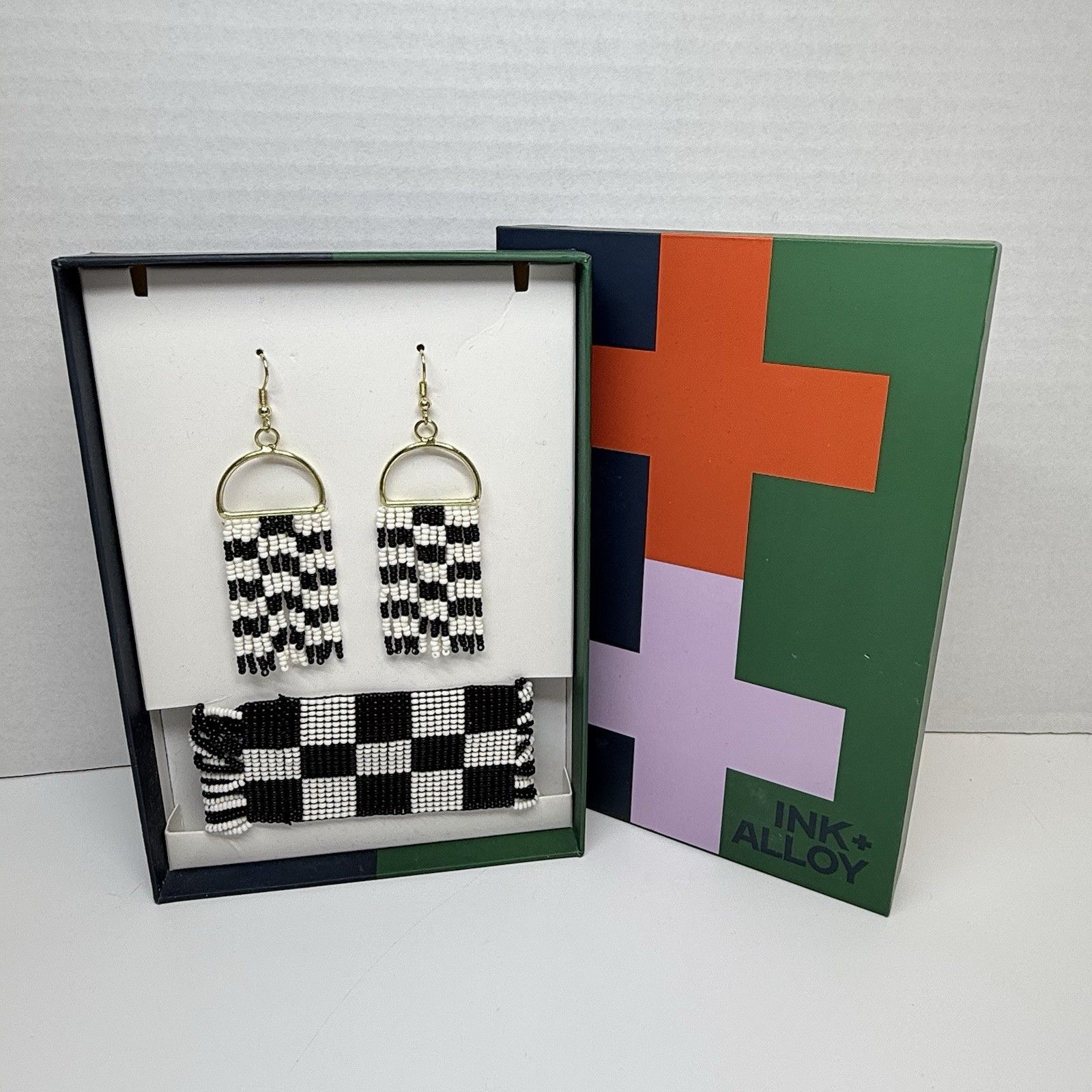 Ink + Alloy Black & White Checkered Beaded Wide Bracelet & Earring Set New